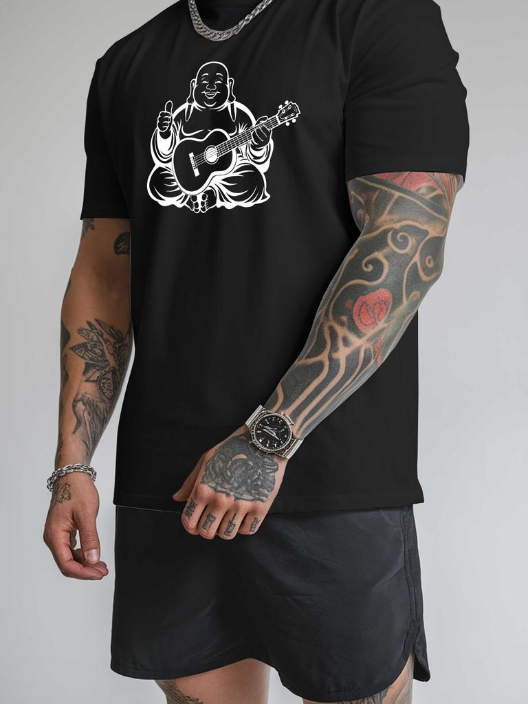 Mens Crew Neck T Shirt Laughing Buddha Playing Guitar Line Art Graphic Short Sleeve Casual Cotton Music Lover Streetwear Tees