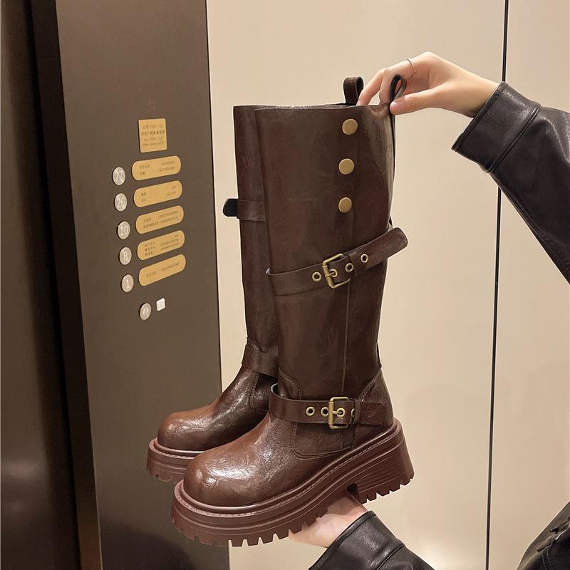 Retro brown British style platform boots women's 2025 autumn and winter new high boots slim knight boots
