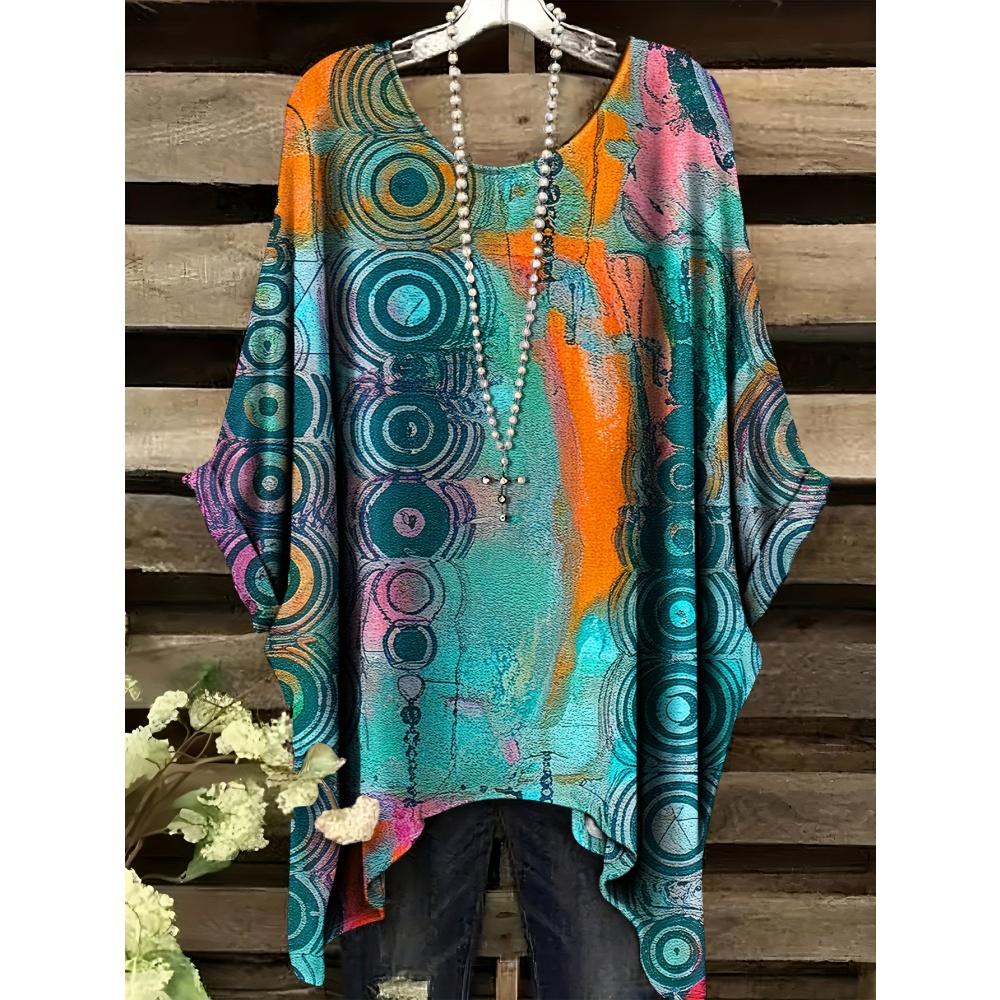 Women T-Shirts Bohemian Vacation Simple Pattern Print Tops Irregular Hemp Round Neck Fashion Versatile Short Sleeve Y2k Clothes