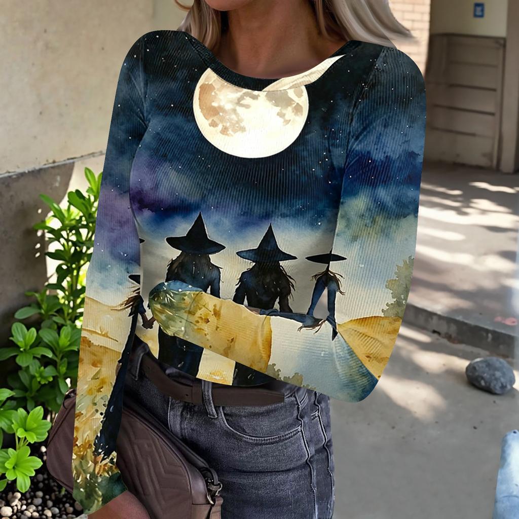 Women's Halloween Printed Round Neck Slim Fit Long Sleeve -Shirt