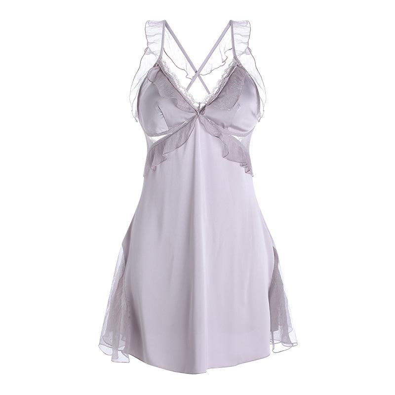 Women's Satin Lace Sheer Padded Cross Backless Cami Sleep Dress with Robe Set