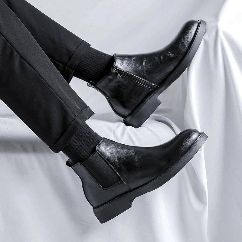 Męskie Skórzane Buty Codzienne wsuwane Buty Biznesowe Męskie Botki Chelsea Marka Projektant Włoskie Eleganckie Codzienne Biznesowe Botki na Kostkę