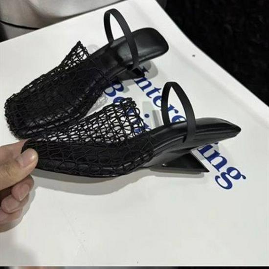 2025 Women's Breathable Black Woven French Cutout Square Toe Wedge Heel Slippers