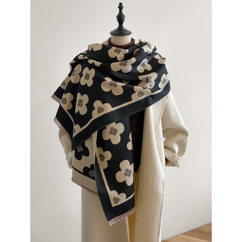 Autumn and winter versatile double-sided two-color flower design dual-purpose extended warm imitation cashmere scarf shawl women