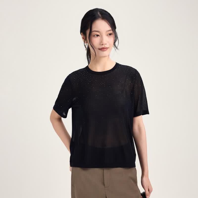 Northern Deer Lyocell Blend Rhinestone Knit T-Shirt L