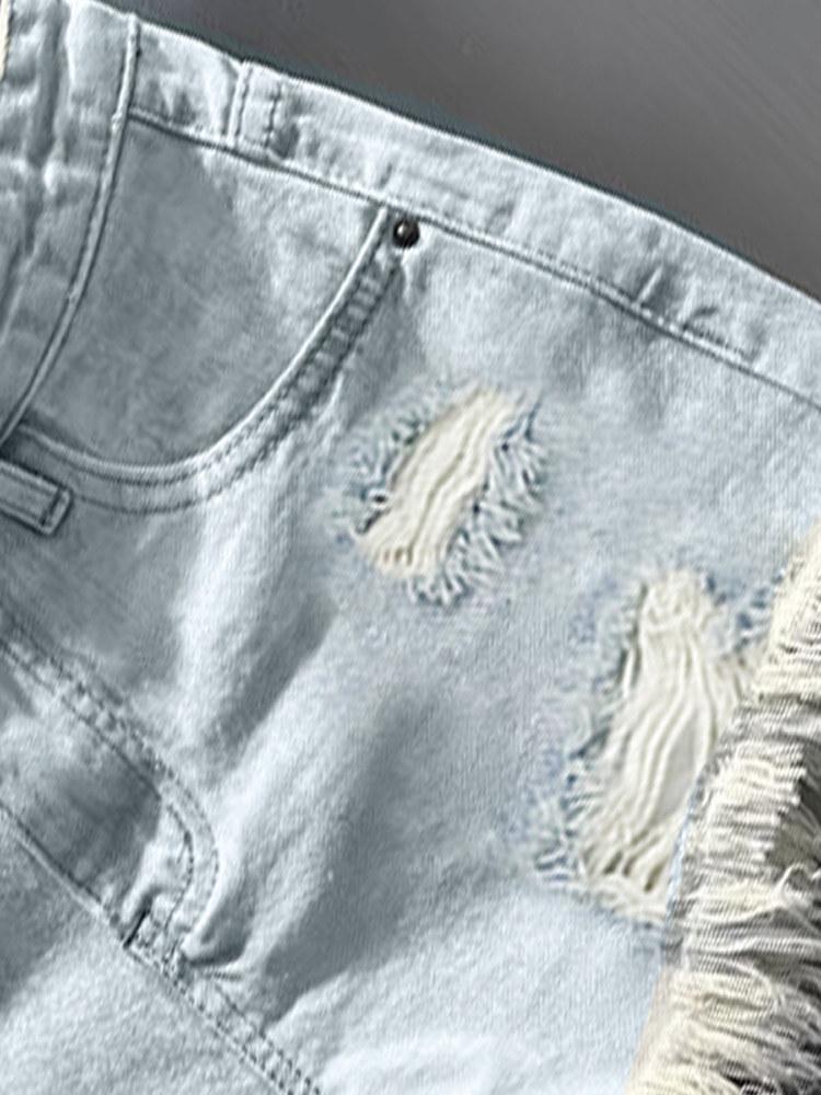 Light Blue Spicy Vintage Distressed Low-Waist Ripped Denim Shorts for Women – Sexy Wide-Leg Summer Hot Pants
