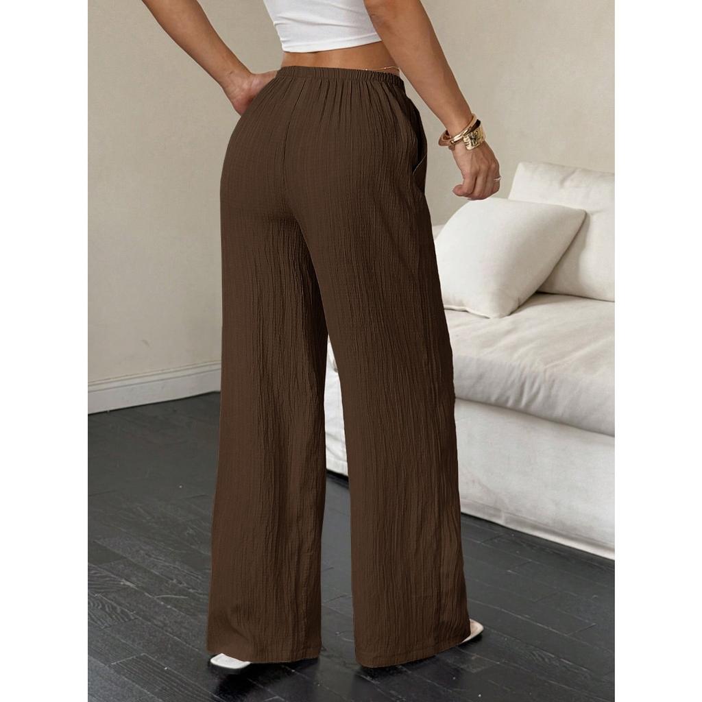 New Women's Casual Solid Color Textured Fabric Knotted Waist Slanted Pocket Wide Leg Pants