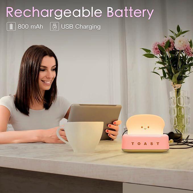 Plastic Cute Toast Night Lamp for Kids | Rechargeable LED Bedside Table Light with Smile Face | Kawaii Desk Lamp for Bedroom, Nursery, Stud