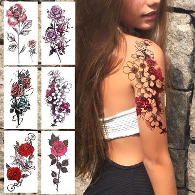 NEW 1 PC 210*114MM Cherry Blossom Fake Temporary Tattoo For Women Girl Watercolor Rose Flower Tattoos Flora Branch Chest Back Tatoo Paper Stickers