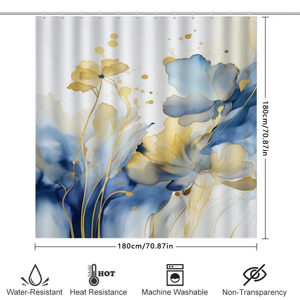 Watercolor Floral Shower Curtain Blue and Yellow Decorative Bath Rug Cover Waterproof Home Decoration Wall Hanging (White)