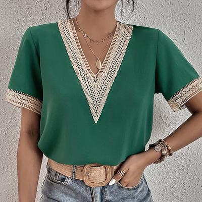 Women's Spring and Summer V-neck Lace Loose Top Casual and Comfortable Short-sleeved Shirt