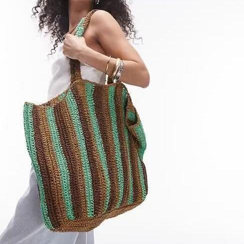 Contrasting Paper Rope Striped Straw Bag Versatile Handwoven Bag Holiday Beach Bag Large Capacity Shoulder Tote Bag
