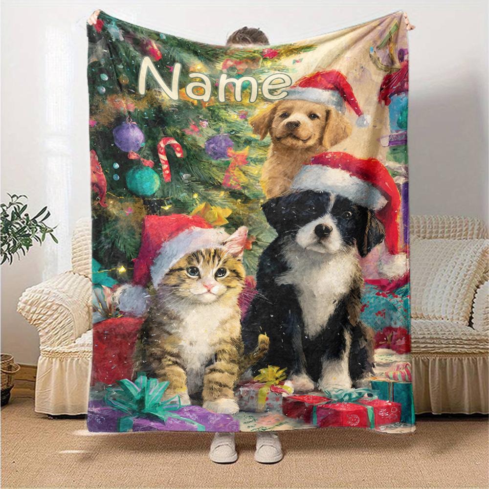 Custom Name Christmas Dog Theme Printed Blanket - Perfect for Couch, Bed, Travel & Outdoor Use | Machine Washable, Cozy & Durable.