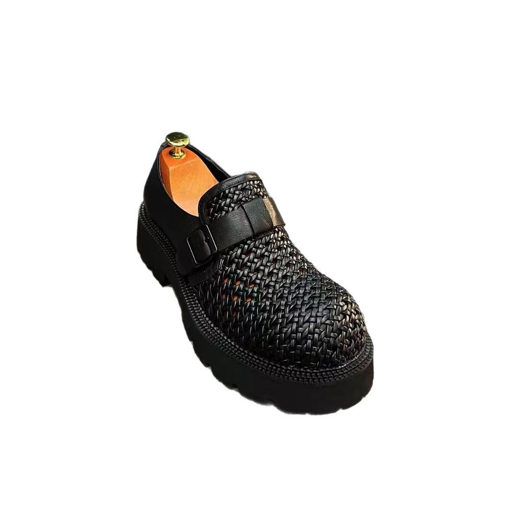 Big Head Derby Shoes Men's High-end Sense Commuting Thick Sole Hand-woven One Pedal Hollow Breathable Casual Heightening Tide Shoes