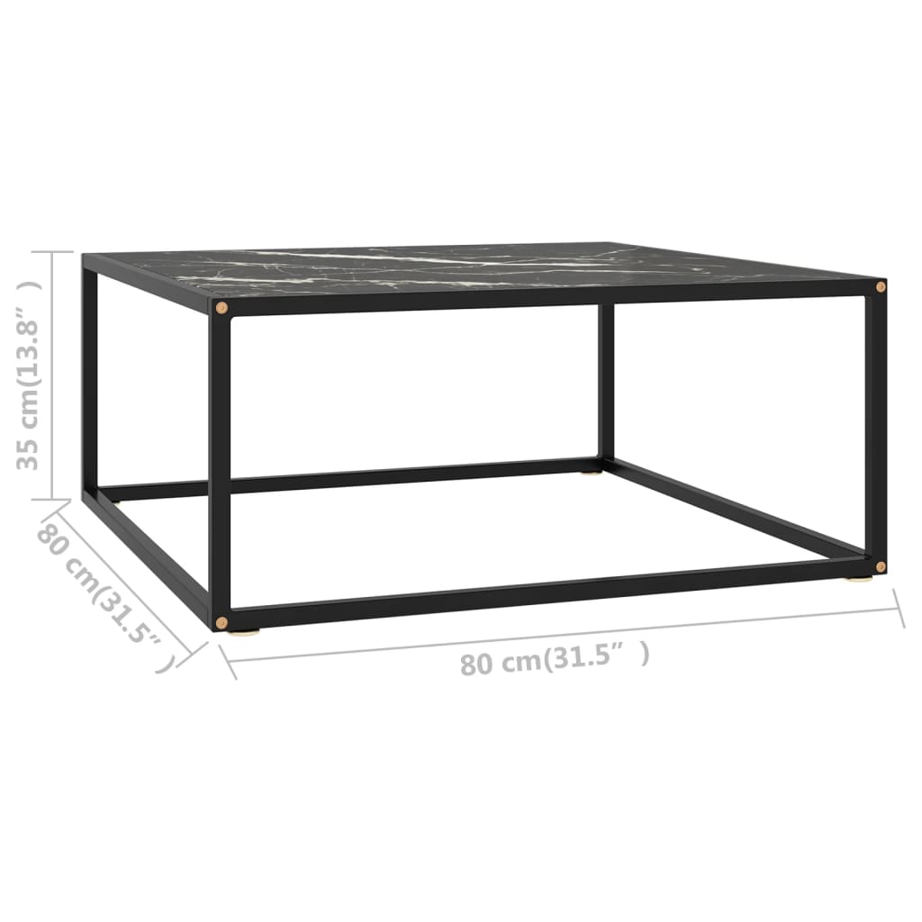 Coffee Table in Black with Black Marble Effect Glass 80 x 80 x 35 cm