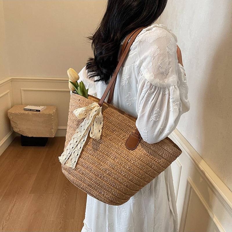Women's Large Capacity New Vacation Beach Straw Shoulder Bag Woven Commuter Bucket Bag Basket Tote Bag
