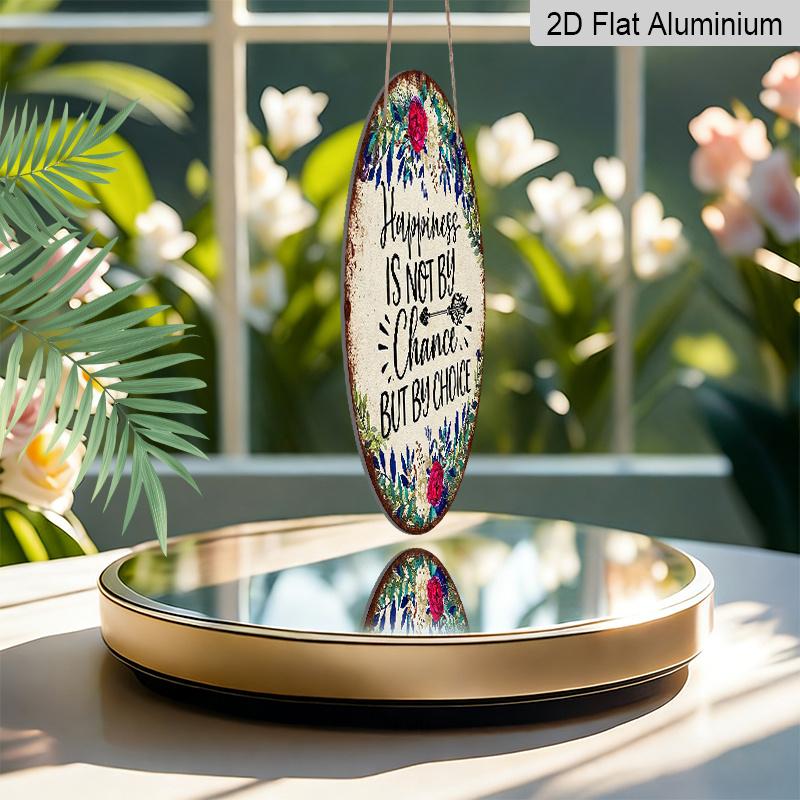 2D Flat, 1pc Round Aluminum Hanging Sign - "Happiness Is Not By Chance But By Choice" Inspirational Quote Metal Wall Art, Vintage Floral Watercolor