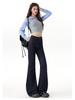 Women's 2025 Denim Blue Flare Jeans, Double Button, Slimming Floor-Length with Unique Back Pockets, Early Autumn Design.