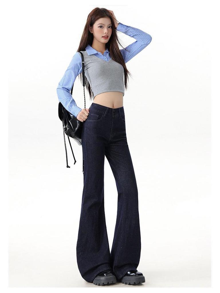Women's 2025 Denim Blue Flare Jeans, Double Button, Slimming Floor-Length with Unique Back Pockets, Early Autumn Design.