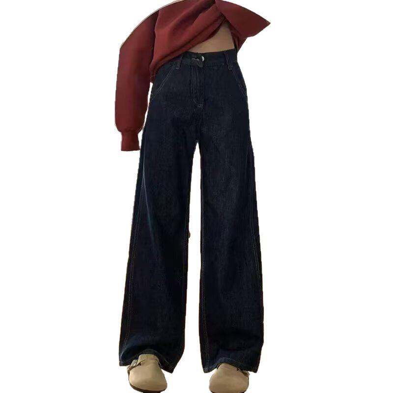 Plus Size Retro Dark Blue Wide-Leg Jeans for Women - Autumn/Winter Drapey Mop Pants