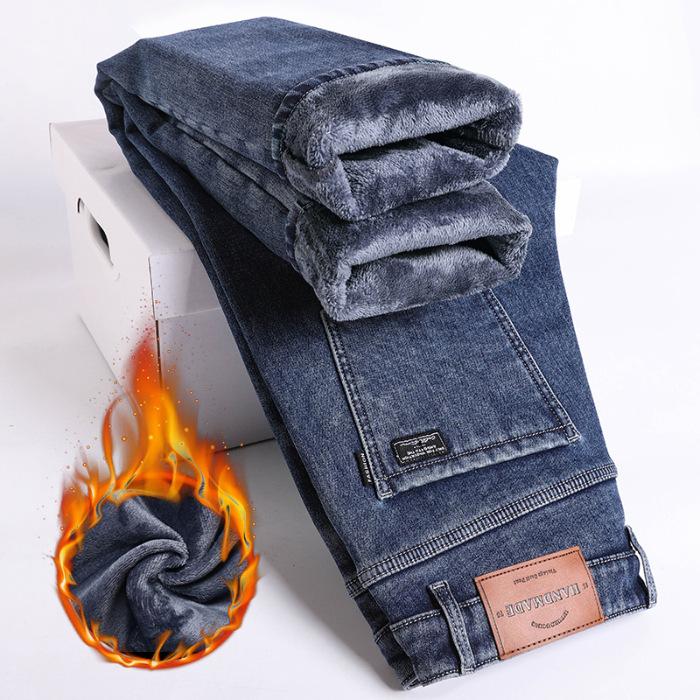 Winter Fleece Thick Warm Jeans Men's Slim Straight Elastic Denim Pants Casual Male Clothing Fashion Plush Trousers