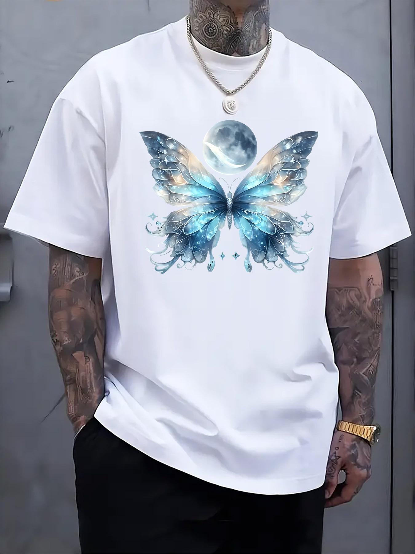 Dreamy Blue Moon and Butterfly Print Short Sleeve Tshirt ... S