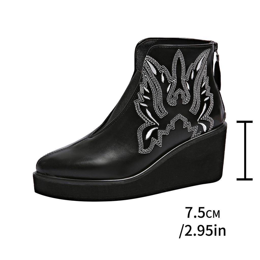 Women Embroidered Platform Pu Leather Punk Ankle Boots Autumn Winter New Fashion Chunky Wedges Boots Woman Slip On Gothic Shoes