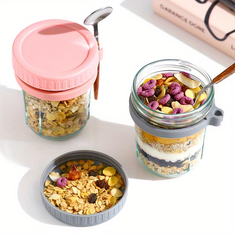 4pcs 11.83oz Glass Oatmeal Cup with Spoon, Breakfast Cup with Scale, Portable Breakfast Salad Jar, Yogurt Container, Storage Tank for Family Dining