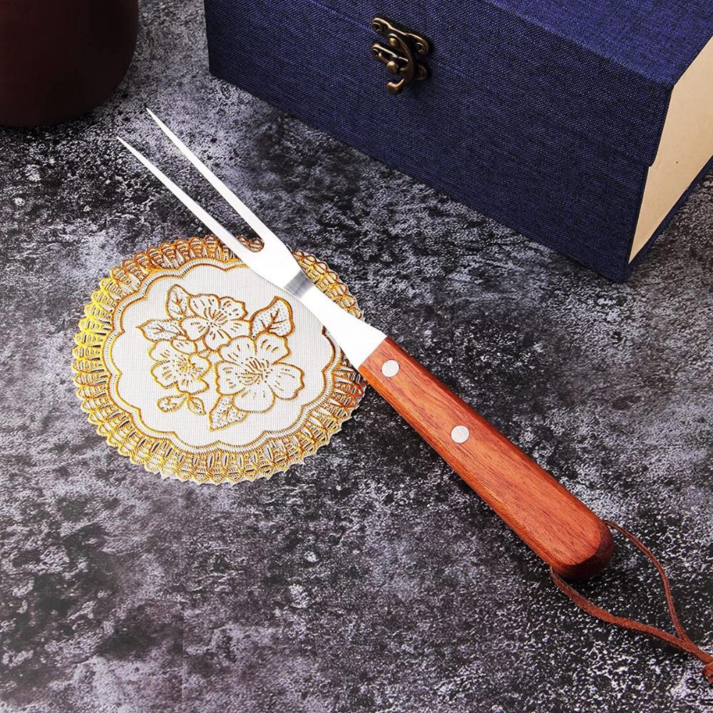 Oven Portable Stainless Steel Wooden Handle Meat Fork BBQ Accessories Carving Fork Barbecue Tool