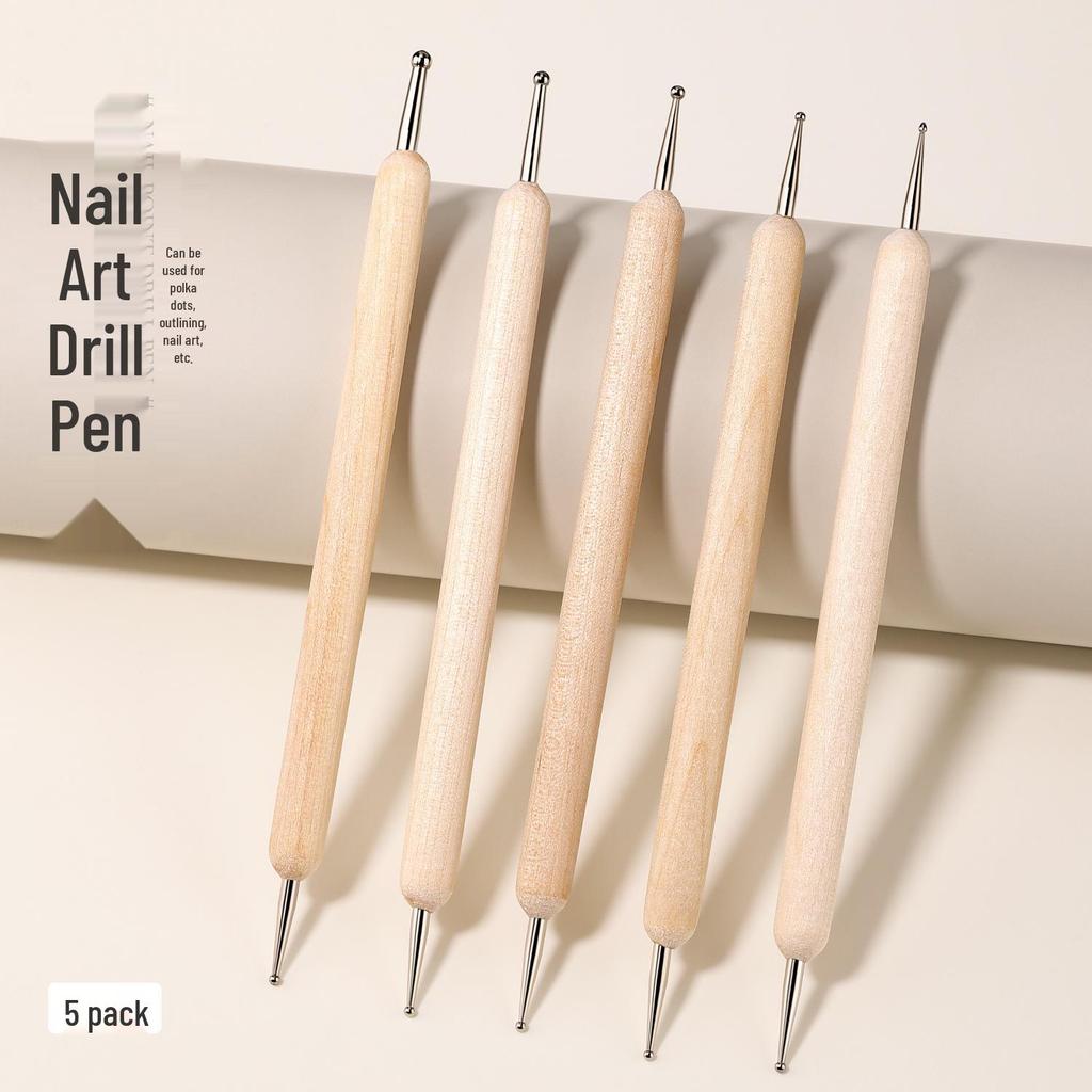 5pcs Double-Ended Nail Art Dotting Pens with Wood Handles for Rhinestones and Polka Dots