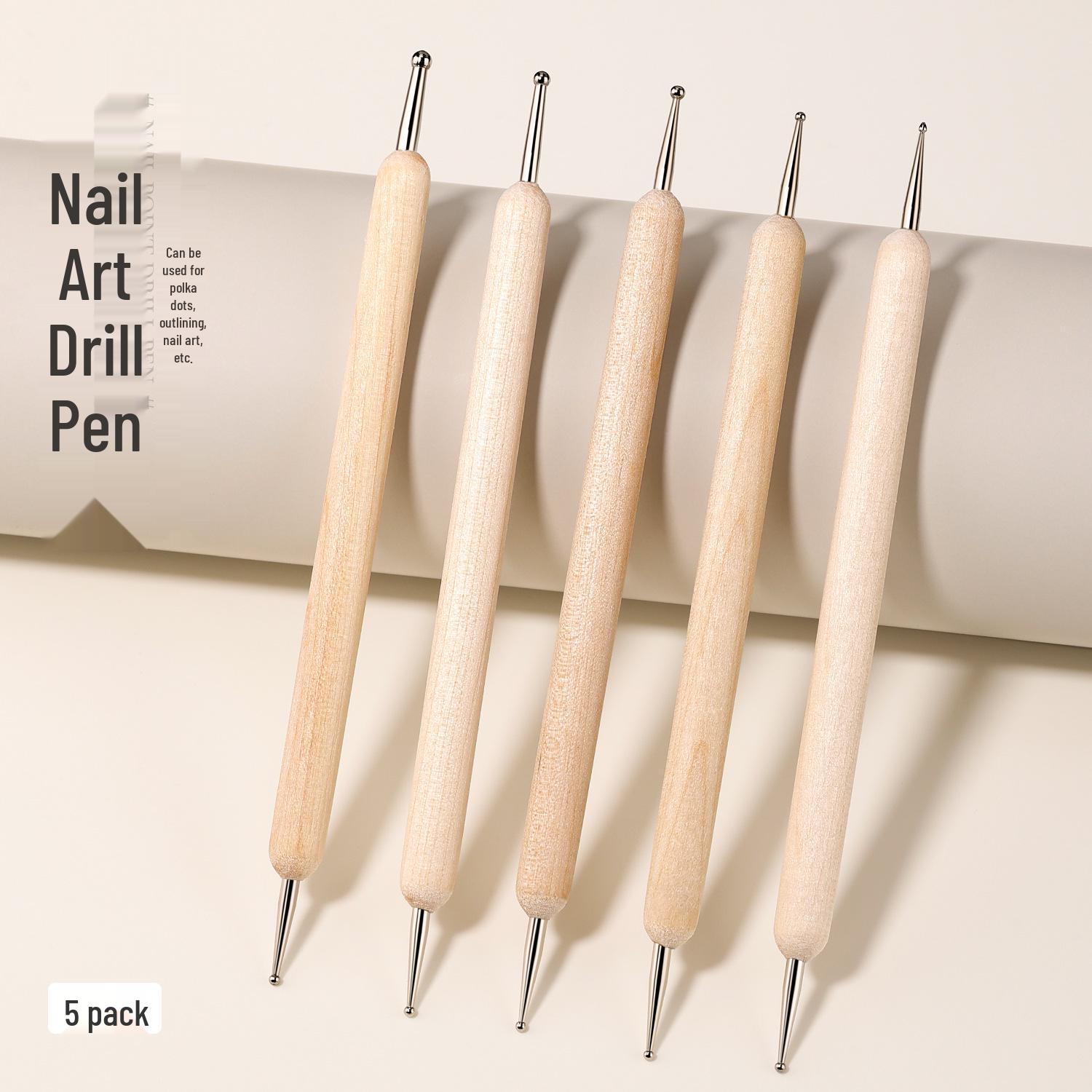5pcs Double-Ended Nail Art Dotting Pens with Wood Handles for Rhinestones and Polka Dots
