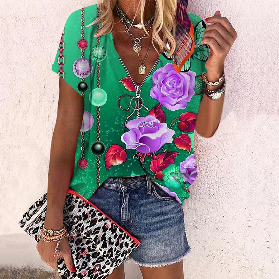 Top de mujer de verano nuevo de moda con estampado de flores rosas y flores brillantes, informal, con cremallera, cuello en V, manga corta