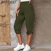 BITCED Women's Cropped Trousers with Pockets and Elastic Waist, Summer Buttons