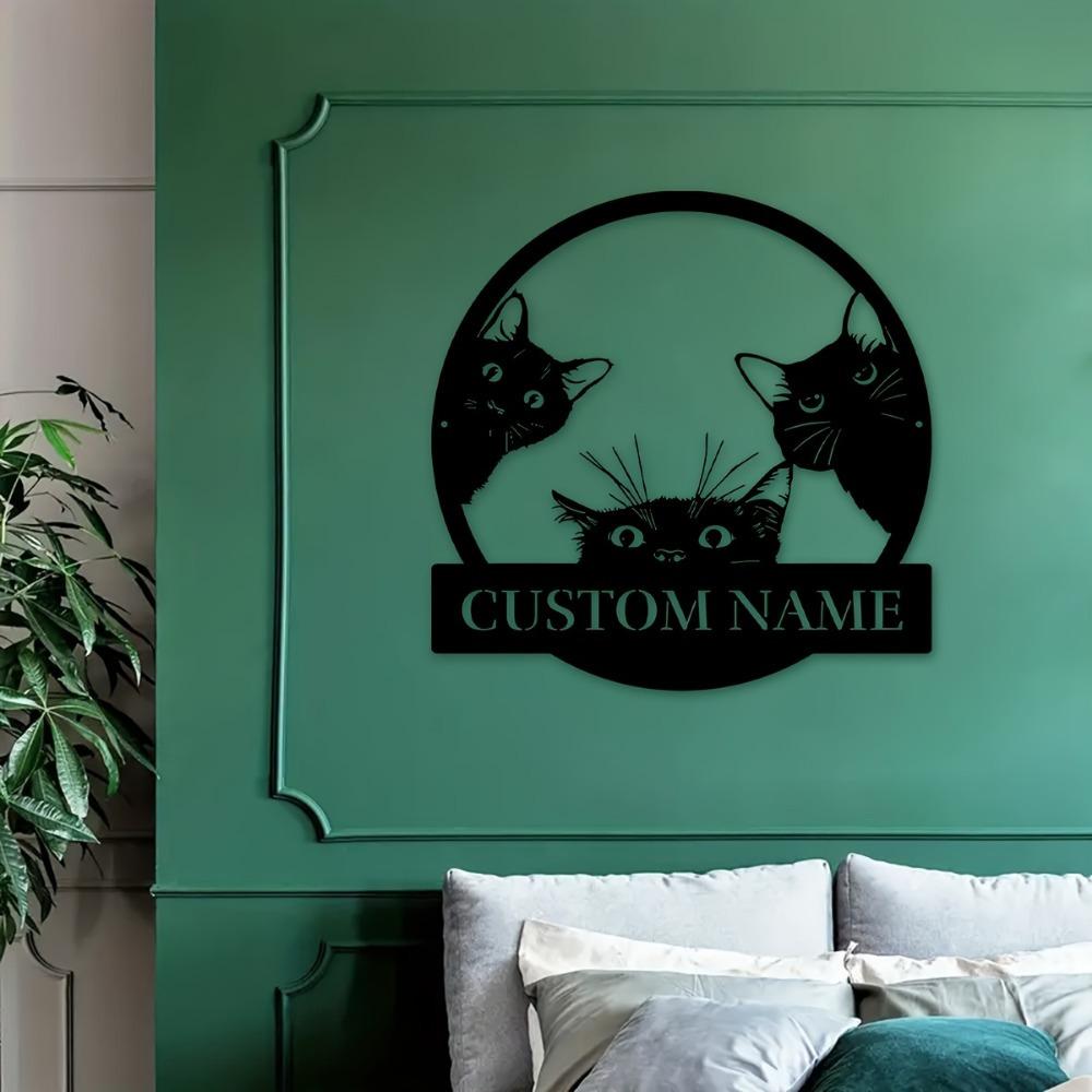 Custom Black Cat Trio Metal Wall Art, Personalized Names Sign, Rustic Home Decor for Veranda Yard, Gift