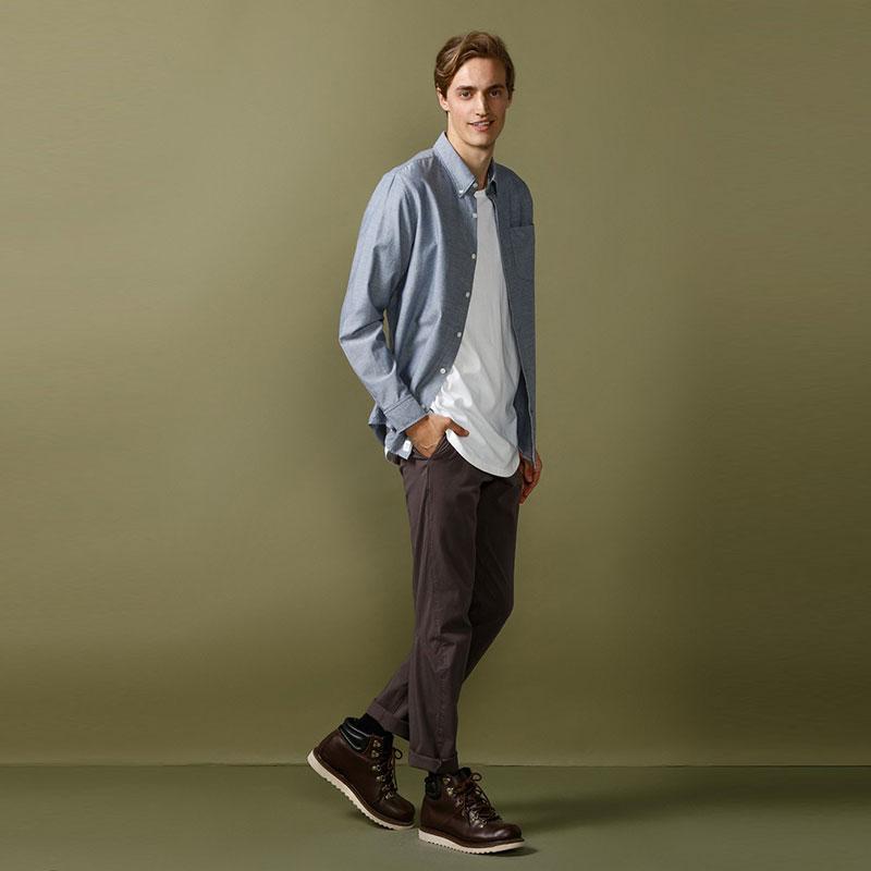Timberland Solid Color Breathable Comfortable Fashion Single Button Pointed Collar Long Sleeve Shirt Men shirts Dark-Blue A1UI3-B68