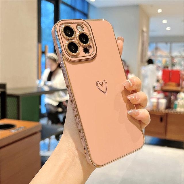 Funda Suave Electrochapada con Corazón de Amor para iPhone 13 Pro Max 12 11 Xs Max X Xr 7 8 Plus 12 Pro Cubierta Electrochapada con Protección para la Cámara