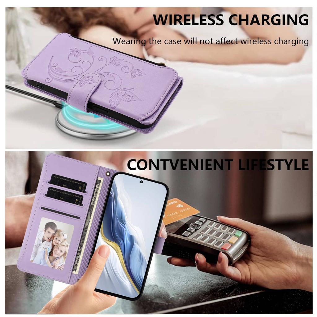 For Samsung Galaxy S23 S22 S21 S20 Ultra S10 Plus Case, Flower Wallet Flip Case RFID Blocking, Zipper, Card Slots, Wrist Strap