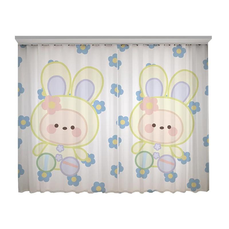 Cartoon Fun Bunny Bear Cute Ins Pink Girl Kids Room Bedroom Kindergarten Semi-blackout Window Blind Curtain High Shading 2Panels