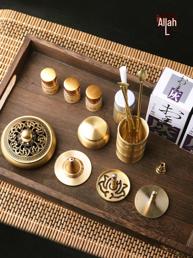 Brass Incense Ceremony Set: Seal Tools, Ash Press, Incense Powder, Burner, Shovel, Spoon, Stamp.