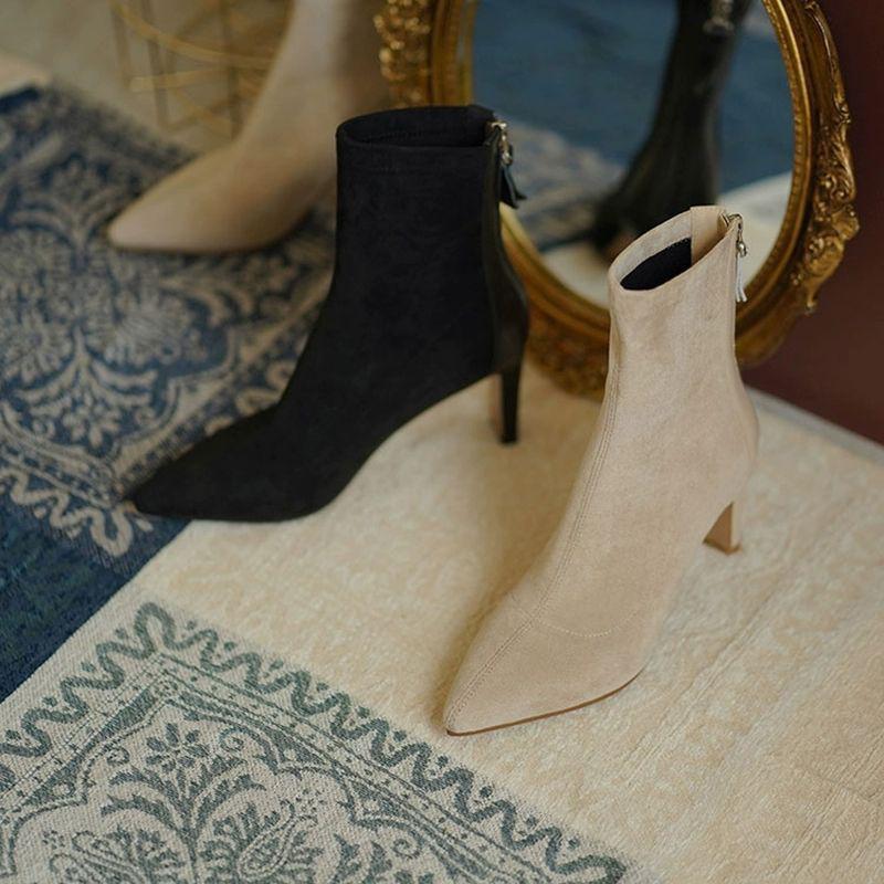 French high-heeled short boots women's thick heel pointed rear zipper velvet 2025 new Korean version winter elastic thin boots