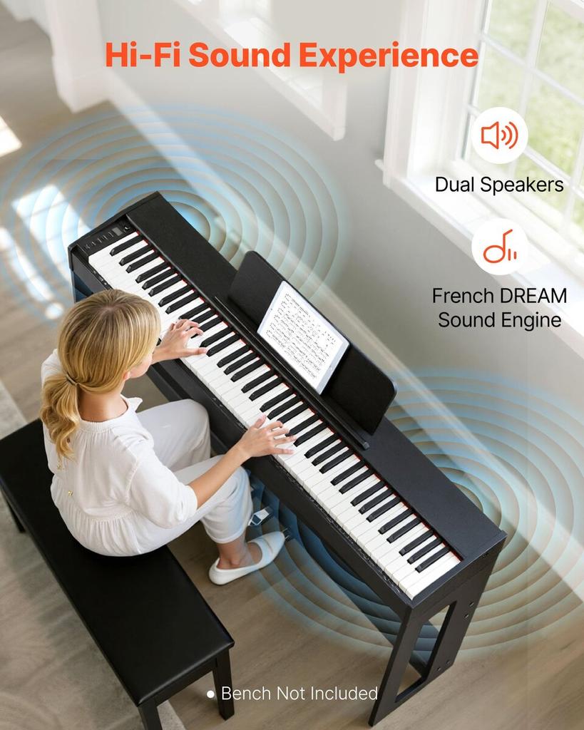 Weighted Digital Piano, 88 Keys Fully Weighted, Electric Piano Keyboard with Furniture Stand, Power Adapter, Triple Pedal, Record Function, 280 Tones,