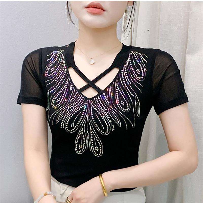 Summer New Cross V-neck Shiny Hot Diamonds T-shirt For Women Slim Short Sleeve Tees Lady Fashion Casual Elastic Mesh Tops