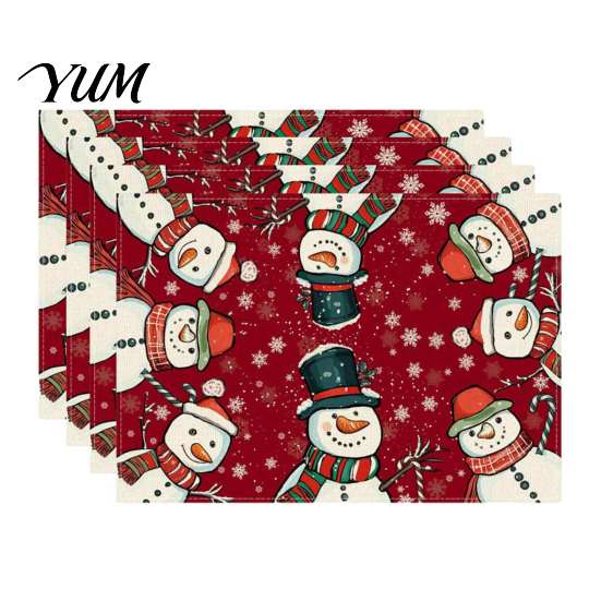 Holiday Party Supplies 4Pcs Christmas Linen Placemat Set, Cartoon Snowman Gingerbread Gnome Table Heat Insulation Pads Mat, Resistant Place