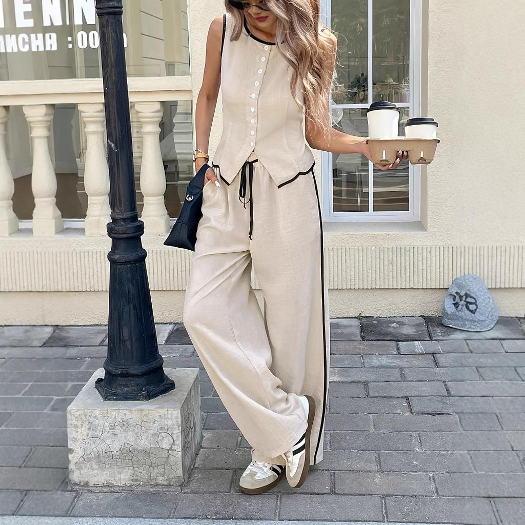 Women Daily Wear Sleeveless Top & Drawstring Wide Leg Pants Suit