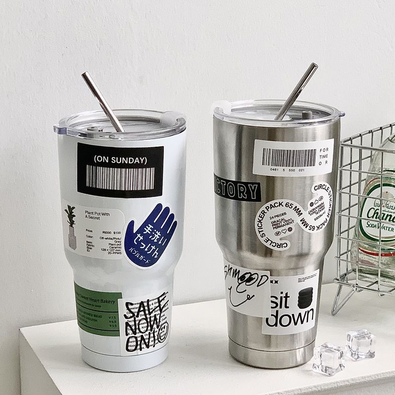 304 Stainless Steel Large Capacity Double Drink Ice King Cup Thermos Mug American Cold Coffee Mug steel color 900ml