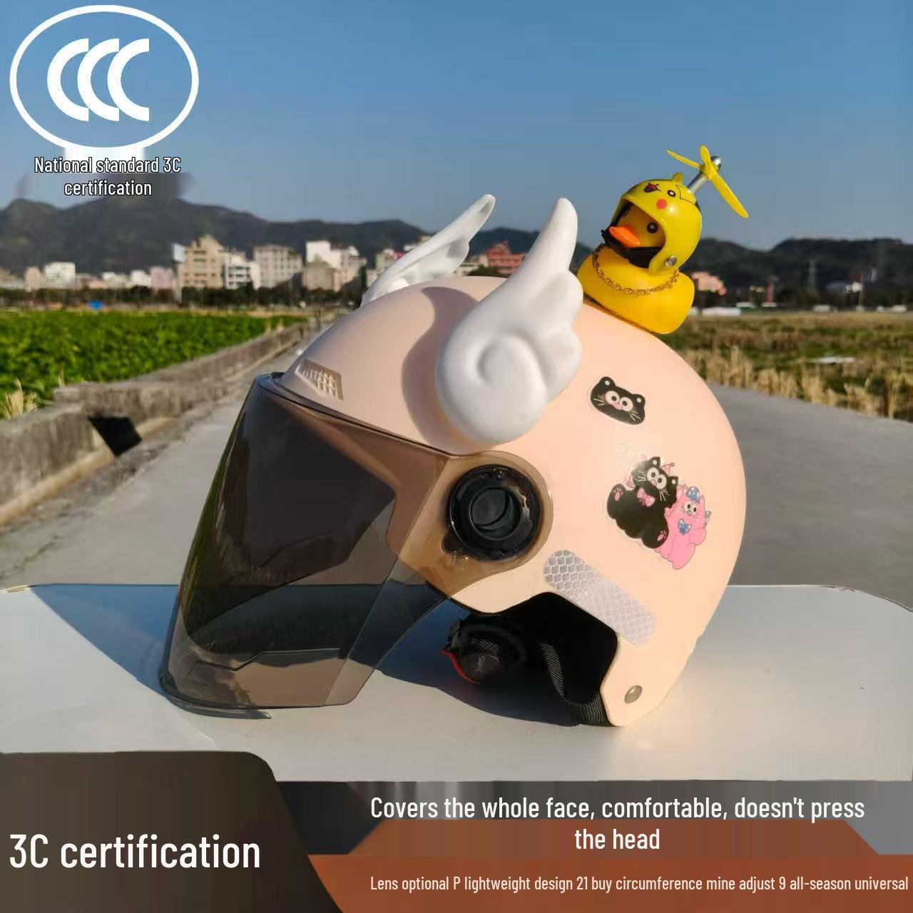 Certified 3C Electric Bicycle Helmet: Unisex, Sun-Protective, All-Season, Adjustable Safety Helmet Khaki Black Pink Cat + Clear Lens