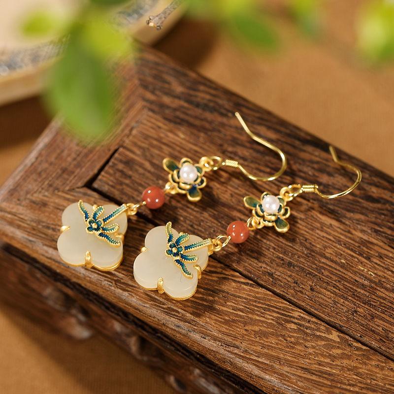 Original Natural Chalcedony Flower Enamel Drop Earrings For Women Exquisite Ancient Rhyme Ethnic Style Banquet Jewelry Gift