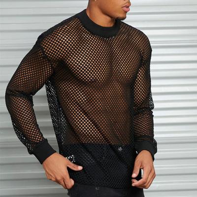Herren Mesh-Oberteil, ultradünn, durchsichtig, Rundhalsausschnitt, lange Ärmel, einfarbig, dehnbar, lockere Passform, muskelaufbauendes Party-Homewear-Club-Tanz-Performance-T-Shirt