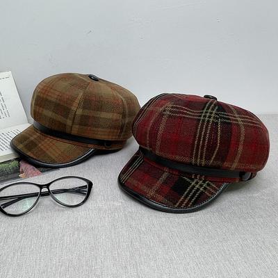 Britischer achteckiger Hut, karierte Retro-Kappe für Damen mit Gesicht, kleine Baskenmütze, verdickte Zeitungsjungenmütze