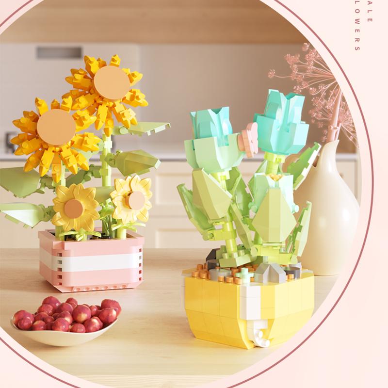 Netoxická věčná kytice Tulipán Květ Stavebnice 3D model Domácí dekorace Rostlina v květináči Montáž Moc kostky Valentýn Dětské dárky